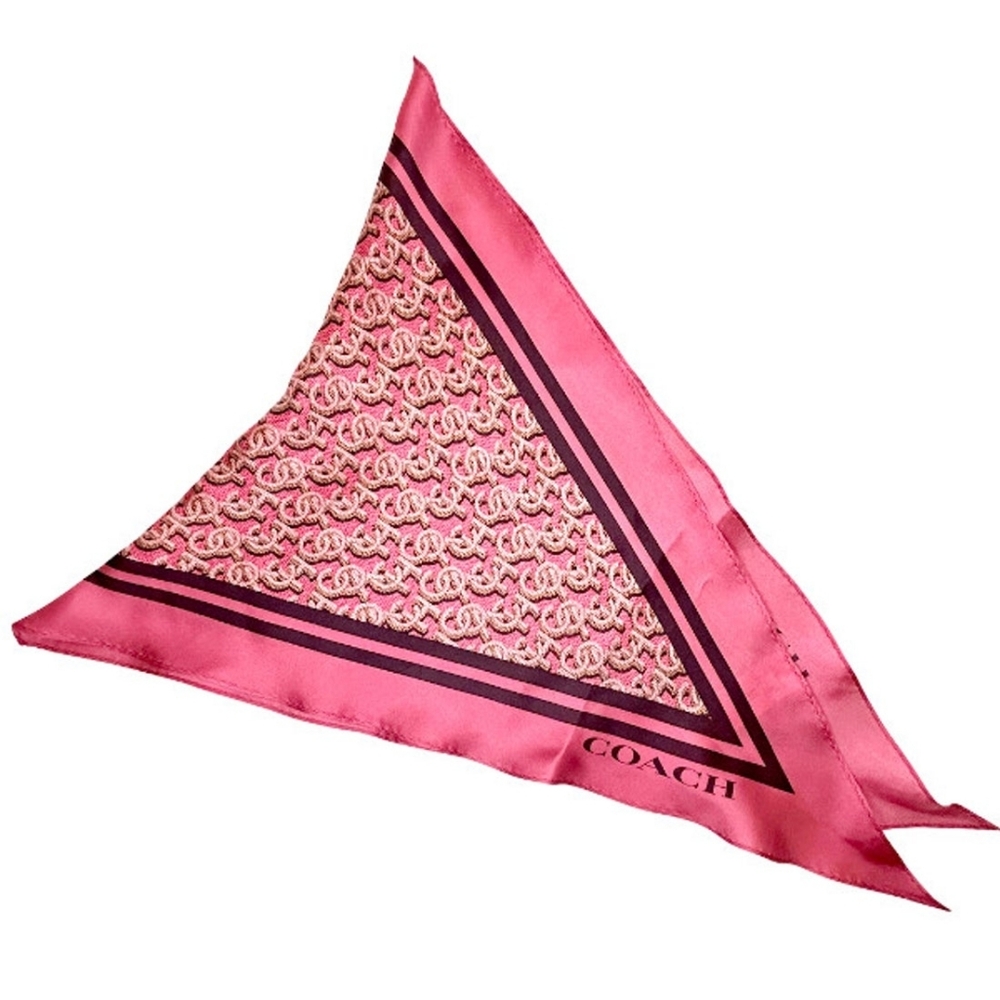 Coach Pink and Brown Geometric Scarf  -Stacked Coach Print Silk Diamond Scarf